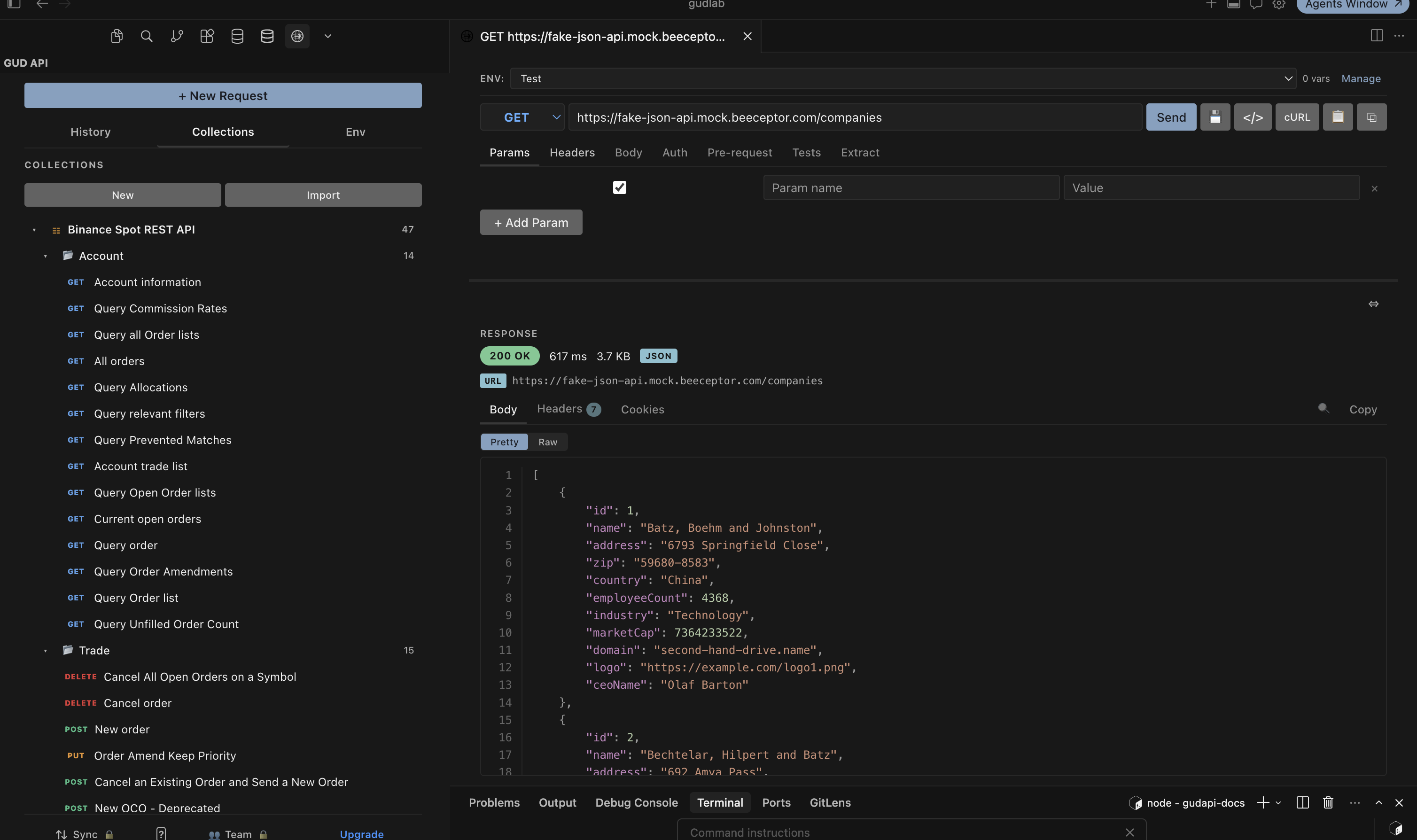 Gud API running in Cursor: a collections sidebar with a Binance REST API tree on the left, a GET request in the center, and a formatted JSON response below